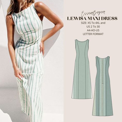 Lewisa Maxi Dress, PDF Sewing Pattern, Digital Sewing, Women Sewing Summer Dress, Suitable For Us Letter-A4-A0 Format One Seam Dress, Simple Dress Sewing Pattern, Summer Dress Patterns Sewing, Sewing Summer Dress, 90s Dress Pattern, Fabrics For Dresses, Maxi Dress Sewing Pattern, Maxi Dress Sewing, Sewing Summer Dresses