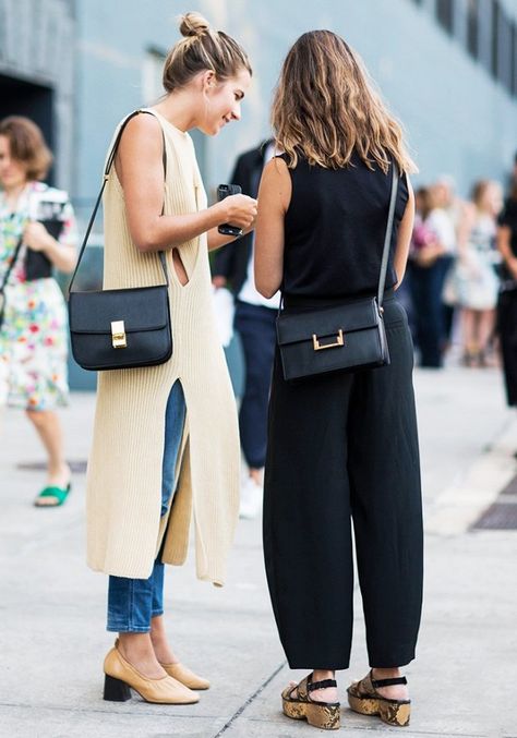 Left, a knit neutral dress is worn over cropped jeans, paired with neutral Céline heels and a Céline bag. Right, a black top is worn with black loose trousers, flat sandals, and a flap bag Split Sweater, 여름 스타일, Beige Outfit, Stil Inspiration, Looks Street Style, Mode Ootd, Street Style Inspiration, Looks Chic, Inspired Outfits