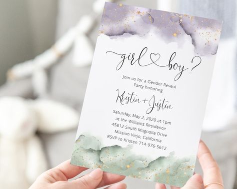 Lavender Gender Reveal, Sage And Lavender, Green Invitations, Email Invitation, Gender Reveal Invitations, Brunch Wedding, Purple Watercolor, He Or She, Watercolor Splash