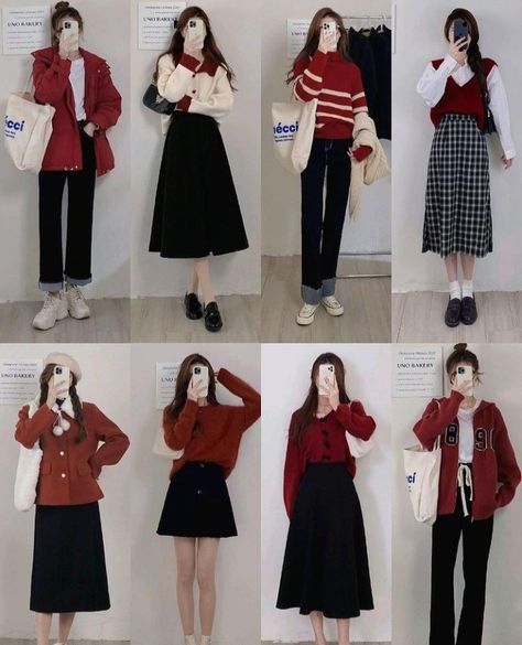 Red Palette Outfit, Maroon Combination Outfit, Ikon Concert Outfit, Red Maroon Outfit, Outfit Baju Merah, Red Academia Outfit, Red Hijab Outfit, Maroon Outfit Ideas, Red Outfit Korean