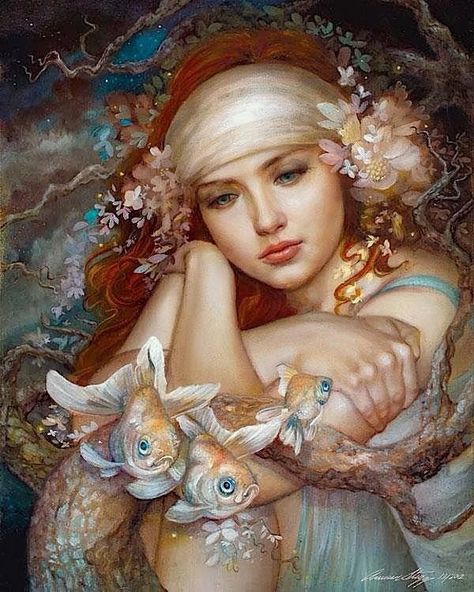 The Poet of Painting ~ Catherine La Rose : ✿ Arantza SESTAYO ✿ Annie Stegg, Woman With Flowers, Flowers In Her Hair, Heroic Fantasy, Two Fish, Earth Design, Art Et Illustration, Wow Art, Mermaid Art