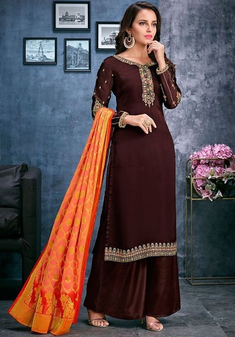 Coffee Brown Palazzo Kameez with Jacquard Dupatta Pallazo Pant, Rose Colored Dress, Designer Sharara Suits, Designer Suits Online, Satin Embroidery, Black Palazzo Pants, Frock Style, Churidar Suits, Georgette Tops