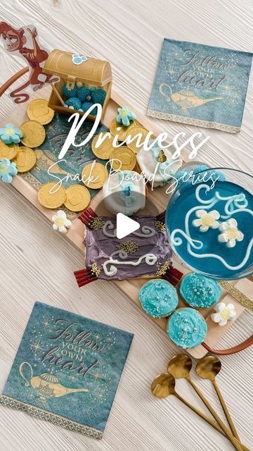 Melany Afara | Tiny Trends by MA on Instagram: "Princess Snack Board Series Part 6 - This is Jasmine.  . I created a dessert 🧁 board. The inspo came from the little treasure chest I found at the Dollar store. It represents the cave filled with gold where Aladdin finds the magic lamp. Quick tip: I used the quick set method for the jello but I would recommend just making it the regular way. I’d do that next time as I don’t feel like it set properly.  . Can you spot all the Aladdin symbolism in this? Make sure to share with your Disney loving friends.  . . #princesssnackboard #princessdiy #disneyprincess #snackboardseries #birthdaysnacks  . . Disney snacks, Disney food, foodies, birthday party inspo, Aladdin and Jasmine, princess treats" Aladdin Snacks, Princess Treats, Princess Snacks, Snack Boards, Jasmine Princess, Birthday Snacks, Magic Lamp, Princess Diy, Disney Snacks