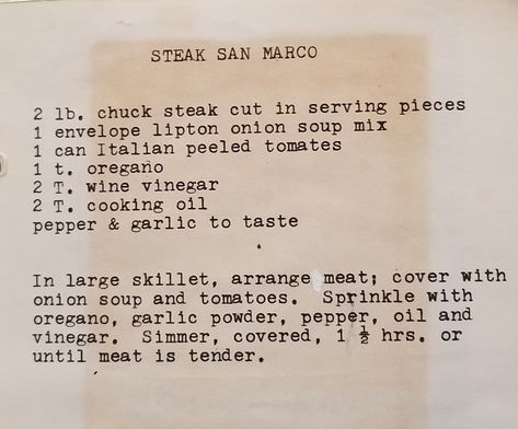 Steak San Marco Recipe, Jon Anderson, Chuck Steak, Lipton Onion Soup Mix, Beef Recipe, Onion Soup Mix, Beef Recipes Easy, Italian Dishes, Steak Recipes