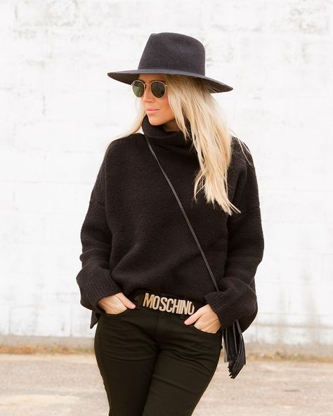 blacked out | The Boyish Girl Blog Moschino Belt Outfit, Belt Ideas, Boyish Girl, Moschino Belt, Fashion Goals, Interesting Topics, Hat Ideas, Winter Outfit Inspiration, Mein Style