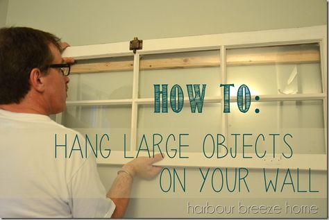 how to hang large objects with words Hanging Heavy Mirror, Photo Hanging Ideas, Diy Furniture Repair, Salvaged Windows, Old Window Projects, Old Window Frames, Photo Hanging, Window Crafts, Turquoise Kitchen