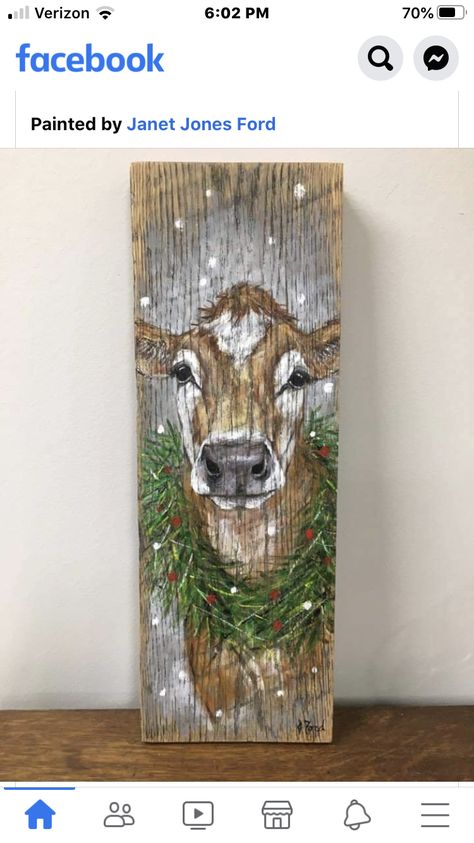 Fall Door Painting Ideas, Painting On Fence Boards, Board Painting Ideas Christmas, Fence Board Painting Ideas, Christmas Cow Painting, Hand Painted Christmas Signs, Cow Christmas Decor, Barn Wood Art, Cow Paintings