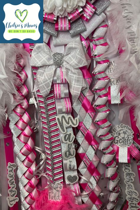 Senior Mums Homecoming White, Senior Mums Homecoming, Hot Pink Homecoming, Hoco Mums, Senior Mums, Senior Homecoming, Football Mums, Mums The Word, Homecoming Mums Diy