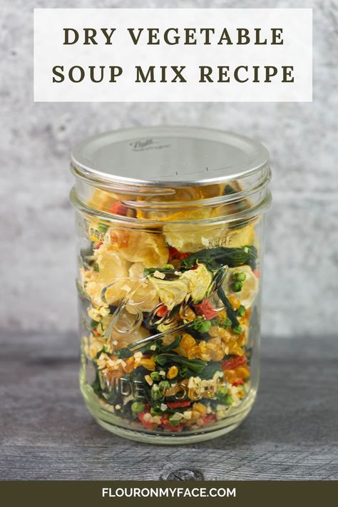 Easy to make homemade Dried Vegetable Soup Mix in a jar made with dehydrated or freeze dried vegetables. Dehydrated Vegetable Soup, Freeze Dried Soup In A Jar, Diy Soup Mixes Gift, Dry Soup Mix In A Jar, Dehydrated Soup Mix Recipes, Soup In A Jar Recipe Dry Mixes Gift, Meals In A Jar Recipes Just Add Water, Jar Soups, Homestead Products