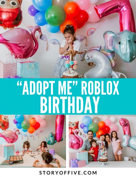 7th Birthday Party || Roblox + Adopt Me Style - The Story of Five Adopt Me Birthday Party Ideas, Girls 7th Birthday Party Ideas, Pets Birthday Cake, 7th Birthday Party For Girls Themes, Roblox Adopt Me Pets, Roblox Birthday Party Ideas, Adopt Me Pets, Creative Birthday Party Ideas, Roblox Birthday Cake