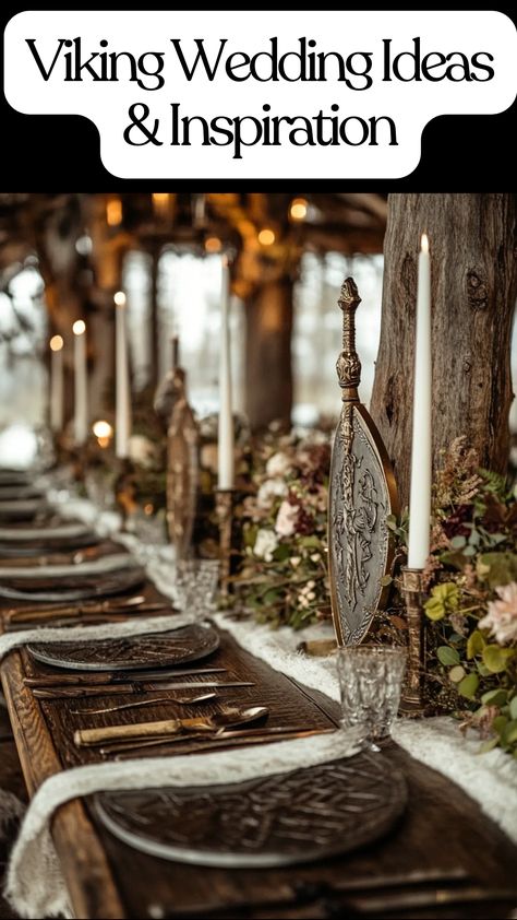 Viking-themed wedding setup with traditional Viking swords, shields, and rustic décor, featuring nature-inspired centerpieces that evoke ancient Norse traditions.