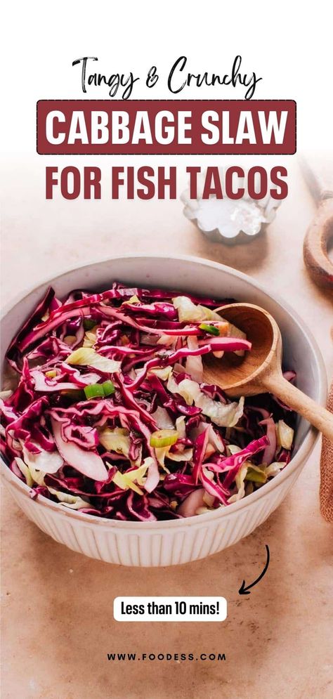 This cabbage slaw recipe for fish tacos is a must-try for anyone who loves a refreshing and crunchy topping on their tacos! It's super easy to make and adds a great contrast to the soft texture of the tortilla and the fish. With its crunchy, cooling, and tangy flavor, you won't be disappointed. This slaw recipe can also be served as a side dish to other mexican recipes. For the full recipe and a video tutorial, check out my blog. Red Cabbage Slaw For Tacos, Cabbage Slaw For Tacos, Fish Taco Slaw, Recipe For Fish Tacos, Slaw For Tacos, Taco Slaw, Tacos Shrimp, Slaw For Fish Tacos, Recipe For Fish