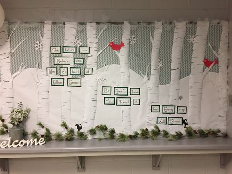 Winter bulletin board for the office at school. Bulletin Board Ideas For Office, Forest Display, Cafeteria Decorations, Winter Boards, Winter Library, Snowman Bulletin Board, Storybook Forest, Guidance Office, December Bulletin Boards