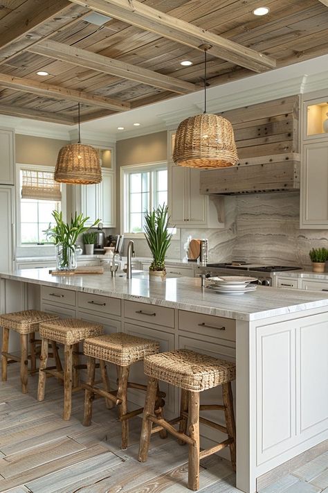 Low Country Kitchen Design, Open Airy Kitchen, Coastal Lake House Interior Design, Coastal House Kitchen, Lake House Kitchen Ideas, Beach House Kitchen Ideas, Farmhouse Kitchen Aesthetic, Beach Kitchen Ideas, Coastal Boho Kitchen