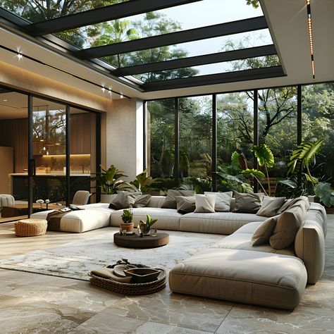 Conservatory: Size, Functionality, Uses, Furniture, And Renovation 72 Indoor Open Space, Living Room Open To Garden, Homes With Glass Walls, Natural Lighting Living Room, Home With Atrium, Seamless Indoor Outdoor Living, Open Plan Architecture, Amazing Living Rooms, Living Room With Glass Wall