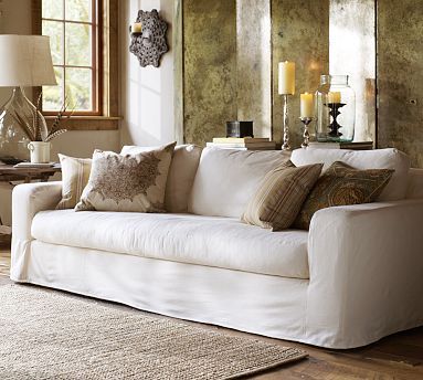 Pottery Barn Solano sofa + white slipcover Pottery Barn Slipcover Sofa, Slipcovered Sofa Living Room, Pottery Barn Couch, White Slipcover Sofa, White Linen Sofa, Pottery Barn Sofa, Pottery Barn Furniture, White Slipcovers, Sofa Pictures