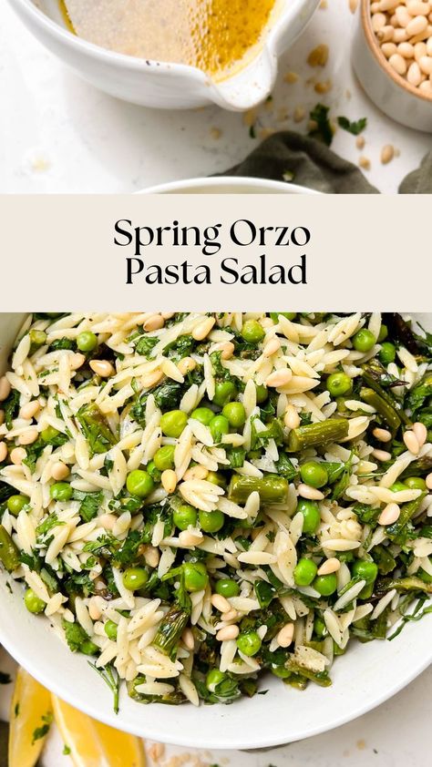 bowl of orzo pasta salad on a green linen cloth Aspargus Salad, Pea Orzo, Asparagus Pasta Salad, Spring Flavors, Lemon Vinaigrette Dressing, Potluck Salad, Orzo Salad Recipes, Spring Veggies, Spring Peas