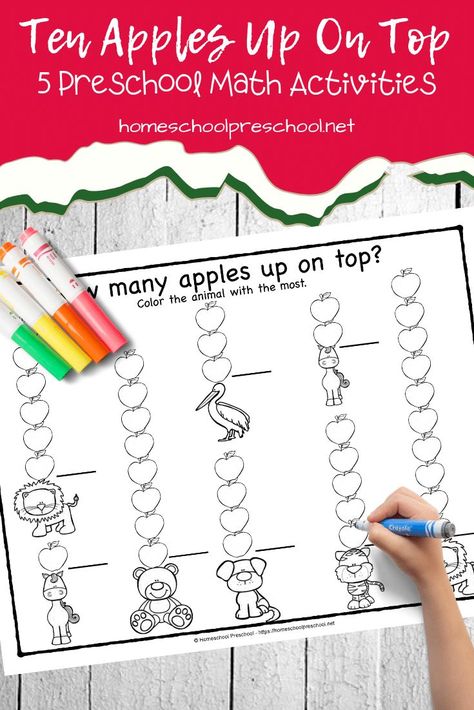 Bring the story to life when you add these Ten Apples Up on Top to your early learning math centers. Counting to ten has never been so fun!  #preschoolmath #tenapplesupontop #preschoolappletheme #homeschoolprek Math Apple Activities, Project Based Learning Elementary, Ten Apples Up On Top, Preschool Math Activities, Preschool Apple Theme, Apple Math, Daycare Forms, Apple Activities, Math Activities Preschool