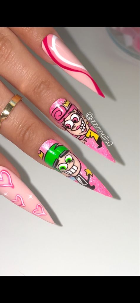 #easynailart #nails #stilettonails #fairlyoddparents #nailart Cosmo And Wanda Nail Art, Fairy Odd Parents Nail Art, Fairly Odd Parents Nail Art, Cosmo Wanda Nails, Cosmo And Wanda Nails, Cosmo Wanda, Character Nails, Negative Space Nail Art, Cartoon Nails