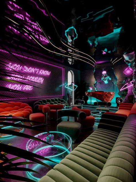 Cyberpunk Interior Design, Cyberpunk Interior, Lounge Aesthetic, Special Design Chandelier, Arcade Bar, Gaming Lounge, Dj Room, Nightclub Design, Bar Interior Design