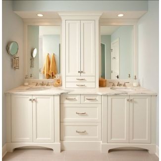 Vanity With Middle Tower, Vanity With Center Tower, Bathroom Countertop Cabinet, Countertop Cabinet, Master Bath Vanity, White Bathroom Cabinets, Master Bathrooms, Bathroom Vanity Base, Vanity Design