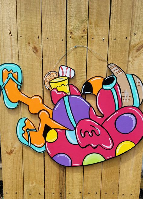 Pool Signs Diy, Summer Wood Sign, Pool Raft, Circle Signs, Tiki Signs, Painted Window Art, Window Paintings, Styrofoam Crafts, Custom Door Hangers