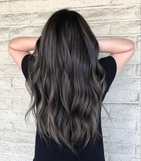 Ashy Burnett Hair, Dark Cool Tone Balayage, Dark On Dark Balayage, Black Partial Balayage, Very Dark Brown Hair Balayage, Black To Grey Balayage, Babylights Brunette Ashy, Skeleton Brown Balayage, Dark Brown Hair With Cool Tone Balayage