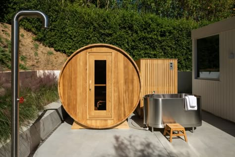 Sauna And Cold Plunge, Backyard Sauna, Sauna Cold Plunge, Backyard Spa, Sauna Hot Tub, House Flippers, Sleek Bathroom, Barrel Sauna, Cold Plunge