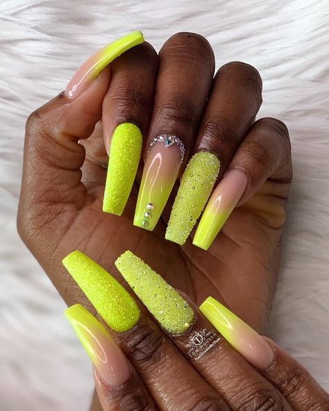 Coffin Nail Designs, Yellow Nails Design, Neon Birthday, Long Nail Designs, Yellow Neon, Long Acrylic, Nail Styles, Bling Acrylic Nails, Acrylic Nails Coffin