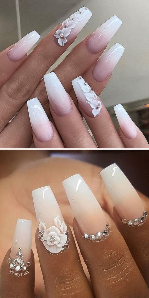 gradient pink and ivory long acrylic coffin wedding nails design Wedding Acrylic Nails, Wedding Day Nails, Bridal Nails Designs, Gel Builder, Wedding Nail Art Design, Nagellack Trends, Medium Almond, Nails Set, Builder Gel