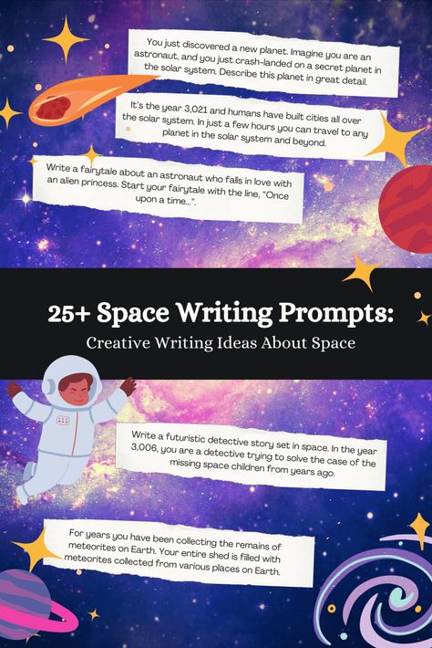 Space writing prompts to get you writing about the solar system and beyond. From creative space-themed prompts to factual writing ideas. Space Prompts Creative Writing, Space Writing Prompts, Writing Prompt Generator, Space Writing, Creative Writing Exercises, Writing Aesthetic, 5th Grade Writing, Creative Writing Ideas, Space Story