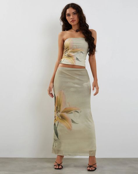 Yellow Lily Print Maxi Skirt | Acacia – motelrocks-com-us Bandeau Top And Skirt, Yellow Fits, Print Maxi Skirt, Skirt Model, Italy Outfits, Bandeau Dress, Printed Maxi Skirts, Print Style, Bandeau Top