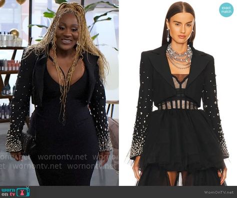 Danni’s black studded sleeve blazer on Tyler Perrys Sistas. Outfit Details: https://wornontv.net/414653/ Black Feather Dress, Satin Bustier, Ribbed Knit Bodysuit, Tyler Perry, King Fashion, Rib Knit Top, Knit Bodysuit, Feather Dress, Bustier Top