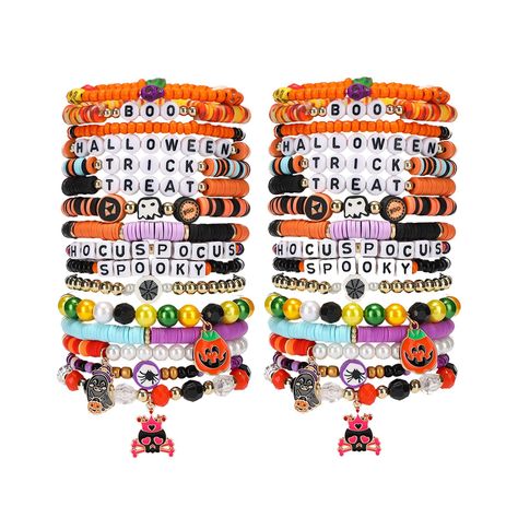 PRICES MAY VARY. Halloween Bracelets Set -- There are 32 pieces of bracelets with 16 different lovely designs, 16 in a set, a total of 2 sets. Halloween Theme Bracelets -- The Halloween bracelets are in Different Styles with pumpkin, spider, ghost, web, boo patterns. Safety Materials & Size -- The Stackable bracelets are crafted with gold spacing beads, letter beads,polymer clay beads,crystals and other decorations.The Stackable Bracelets Size are Approx 6.3 Inches,and adjustable stretch line to Halloween Word Bracelet, Word Bracelets, Skull Spider, Pumpkin Skull, Party Giveaways, Carnival Prizes, Halloween Words, Halloween Bracelet, Pumpkin Spider