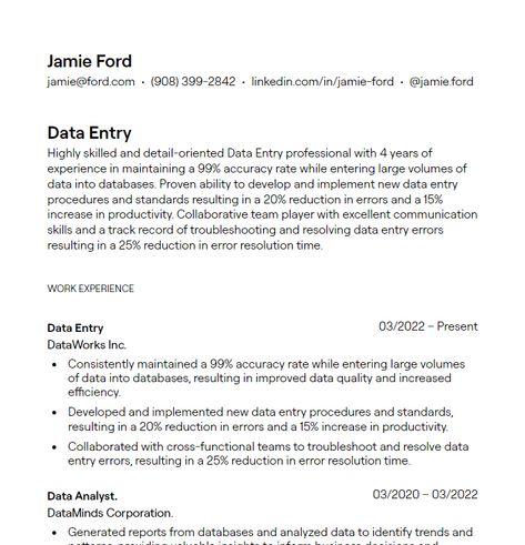 Check out Data Entry resume examples to highlight your accuracy, speed, and attention to detail, helping your application stand out to companies needing efficient data management. | data entry resume, data input specialist resume, administrative assistant resume Data Entry Resume, Data Entry Clerk, Random Vibes, Data Cleansing, Administrative Assistant Resume, Data Validation, Basic Resume, Data Migration, Resume Summary