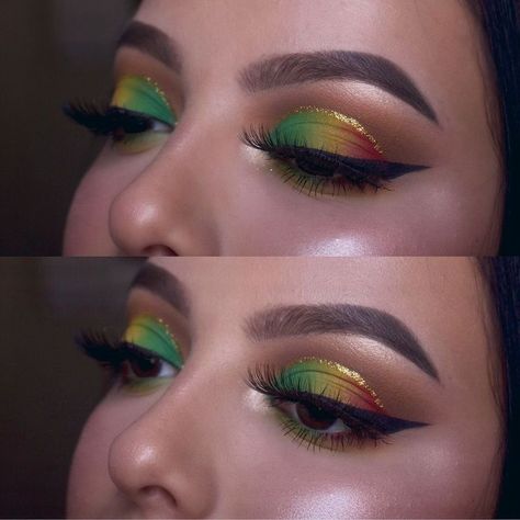 Rasta Eyeshadow Looks, Rasta Makeup Looks, Green Carnival Makeup, Reggae Outfit Ideas, Reggae Aesthetic Outfit, Juneteenth Makeup, Rasta Makeup, Caribana Makeup, Dramatic Eyeshadow