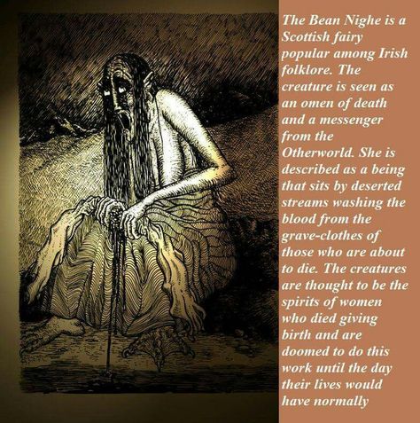 Irish Monsters, Bean Nighe, Banshee Mythology, Scottish Mythical Creatures, Irish Mythology Creatures, Folklore Monsters Art, Scottish Mythology, Monster Folklore, Scary Legends