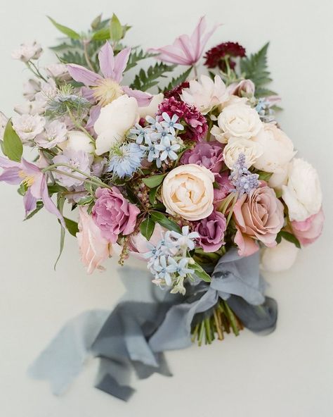 Martha Stewart Weddings on Instagram: “Touches of tweedia were incorporated into the romantic, vintage-inspired bouquet of ivory, mauve, purples, and French-blue florals. "The…” Mauve Bouquet, Castle Wedding Venues, Wedding Castle, Martha Weddings, Wedding Color Inspiration, Lakeside Wedding, Lake Tahoe Weddings, Blue Florals, Tahoe Wedding