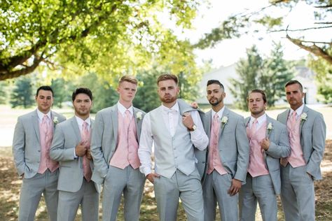 Gray And Pink Tuxedo, Pink Gray Wedding Theme, Pink Gray And White Wedding Ideas, Light Pink And Gray Wedding Theme, Groom And Groomsmen Attire Grey Blush Pink, Blush Pink Weddings Groomsmen, Mens Wedding Suits Navy Blush Pink, Grey And Pink Groomsmen Suits, Pale Pink Groomsmen