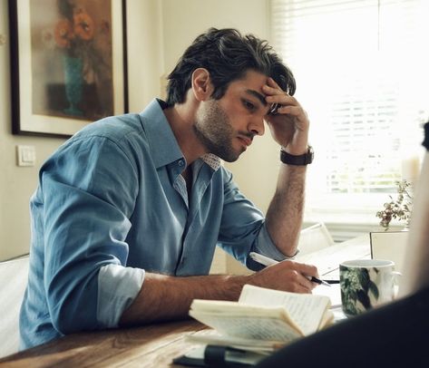 Writing In Notebook Pose, Person At Desk Drawing Reference, Desk Pose Reference, Man Sitting At Desk, Twin Guys, Sitting At Desk, Low Angle Shot, Art Style Challenge, Desk Job