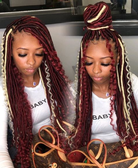 Blonde And Red Braids Black Women, Red And Blonde Hair Color Braids, Black Red And Blonde Box Braids, Red Black And Blonde Braids, Faux Locs Red And Blonde, Light Pink Faux Locs, Big Box Braids Hairstyles, Feed In Braids Hairstyles, African Hair Braiding Styles