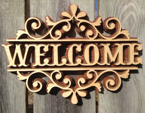 Laser Cut Layered Welcome Sign Free Vector cdr Download - 3axis.co Wedding Entryway, Retirement Hobbies, Joker Film, Baroque Wedding, Welcome Wood Sign, Entryway Signs, Illusion Drawings, Scroll Saw Patterns Free, Wood Signs For Home