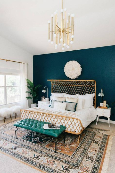 Buy beautiful bedroom wall art from Cheapwallarts.com. Navy Bedroom Walls, Teal Bedroom, Gold Bedroom, Boho Chic Bedroom, Bedroom Paint Colors, Trendy Bedroom, Apartment Living Room, New Wall, Bedroom Colors