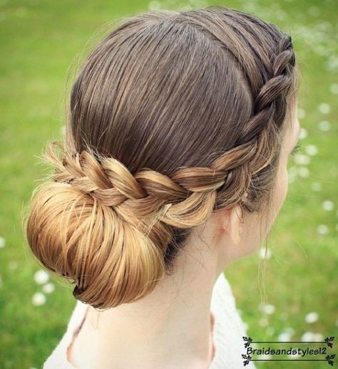 Crown Braid And Low Bun Low Bun Dance Recital Hair, Quick And Easy Braided Hairstyles, Dance Recital Hair, Recital Hairstyles, Paint Ideas 2023, Aesthetic Hair Color, Recital Hair, Nails Paint, Curly Bun Hairstyles