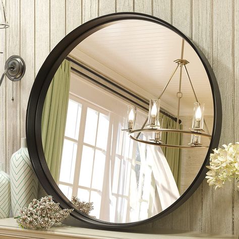 Practical and decorative framed mirror. 5mm Safety Shatterproof Glass. Easy to hang to the bathroom wall with hardware. Beside mounting to the wall, the mirror can be leaned to the wall as decoration. Black Round Bathroom Mirror, Decorating Mirror Frames, Round Vanity Mirror, Circle Mirrors, Black Round Mirror, Round Vanity, Showers Bathroom, Peace Pipe, Room 2023