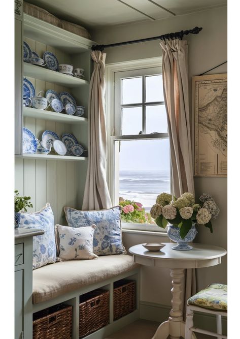 Coastal Grandmother Vibes, Cottage By The Sea Interior, English Seaside Cottage Interior, Coastal Granddaughter Interior, English Cottage Decorating Ideas, Coastal Granddaughter House, French Coastal Style, Cottage Style Interior Design, English Cottage Style Interior