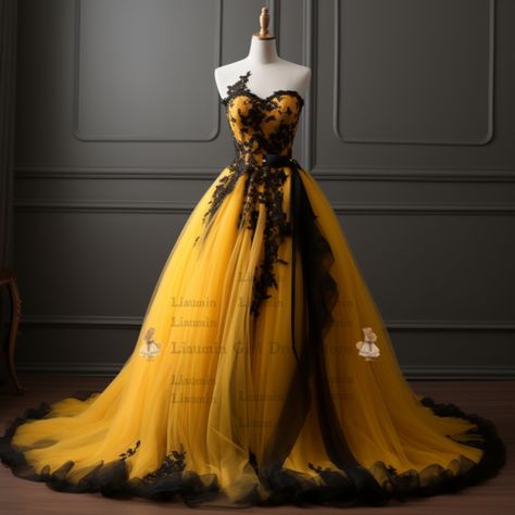 Formal Ideas, Black Dress Formal, Grad Dresses, Yellow And Black, Dress Formal, Lace Edging, Formal Evening Dresses, Yellow Dress, Princess Dress