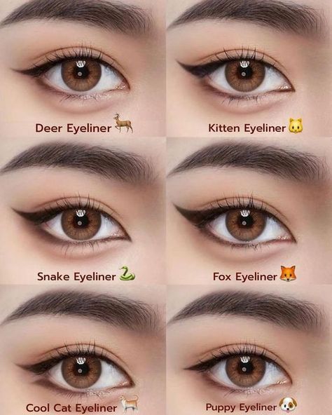 Simple Makeup With Eyeliner Winged Eye, Different Types Of Eyeliner Wings, Cute Winged Eyeliner, Eye Shapes Makeup, Eyeliner Tutorial Round Eyes, Eyeliner For Face Shape, Different Winged Eyeliner Styles, Types Of Winged Eyeliner, Eyeliner For Round Almond Eyes