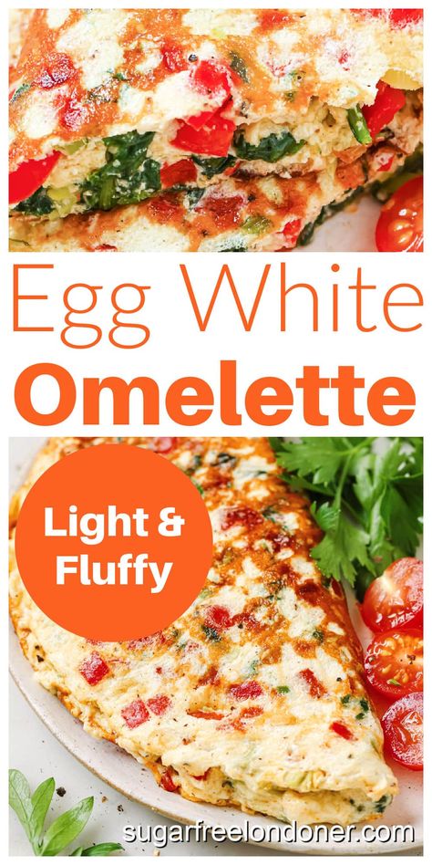 This fluffy egg white omelette is packed with flavor! It is a tasty, high-protein breakfast choice and really easy to make. Egg White Recipes Omlette, Egg White Omelette Recipe, Egg White Meal Prep Breakfast, Easy Egg White Recipes, Keto Egg White Recipes, Eggwhites Recipe, Liquid Egg White Recipes, Egg White Breakfast Recipes, Cooking Egg Whites