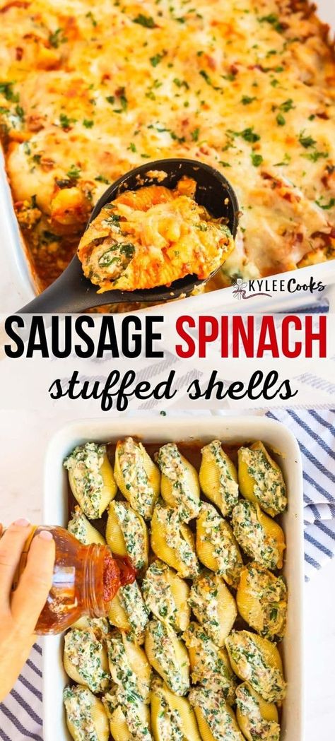 Large pasta shells, stuffed with ricotta, spinach, sausage, and more cheese, these stuffed shells are a make-ahead/freezer cooking DREAM. Packed full of flavor, this is a family-friendly, freezer-friendly, budget-friendly favorite! #pasta #stuffed shells #spinach #sausage #dinnerrecipe #budgetfriendly Sausage Stuffed Shells, Pasta Shells Stuffed, Spinach Sausage, Freeze Ahead Meals, Shells Stuffed, Sausage And Spinach, Shell Pasta Recipes, Ricotta Spinach, Spinach Stuffed Shells